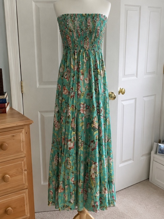 Sunday Dresses & Skirts - Aqua Blue Floral Smocked Top Maxi Dress Small